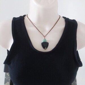 Handmade Black Jasper & Turquoise Magnesite Pendant + Intricate Copper Chain